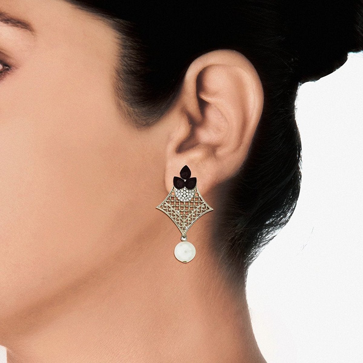Pear Flower Filigree Antique Rhodium Pearl Black Earring Women Bulk