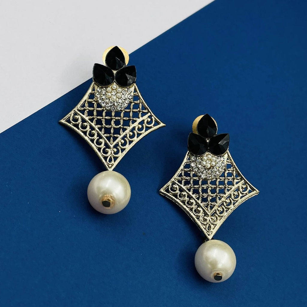 Pear Flower Filigree Antique Rhodium Pearl Black Earring Women Bulk