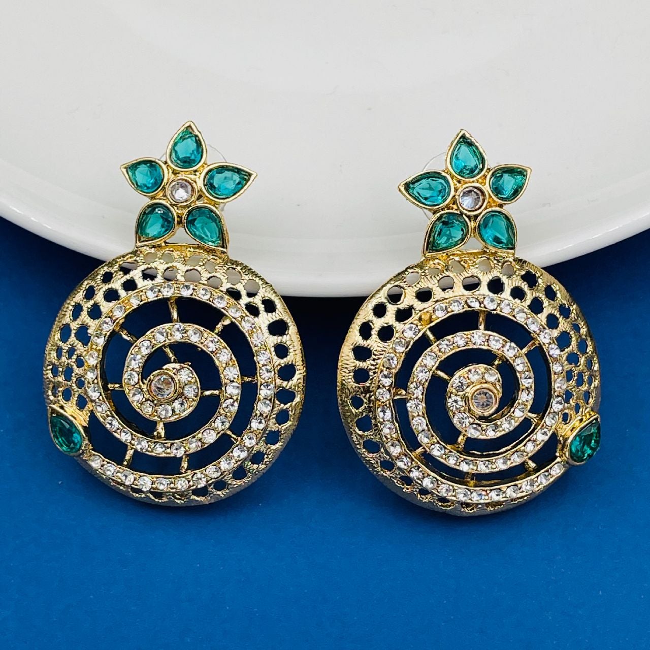 Filigree Flower Gold Plated Green American Diamond Earring Women Bulk Main image