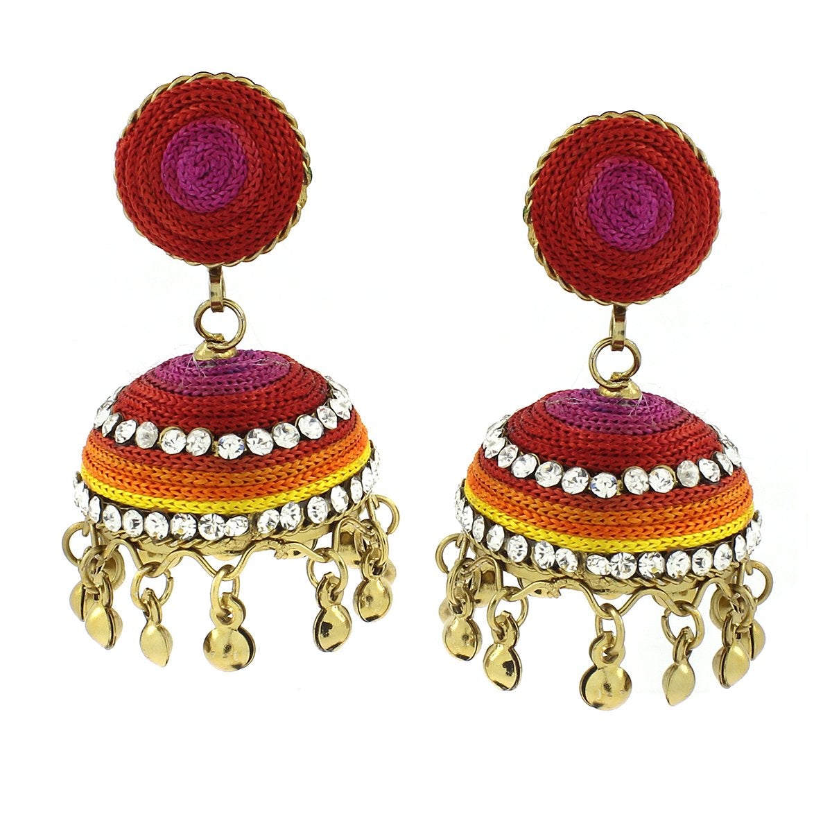 Vibrant Thread Red Pink Yellow Orange Antique Gold Jhumki Earring Main image