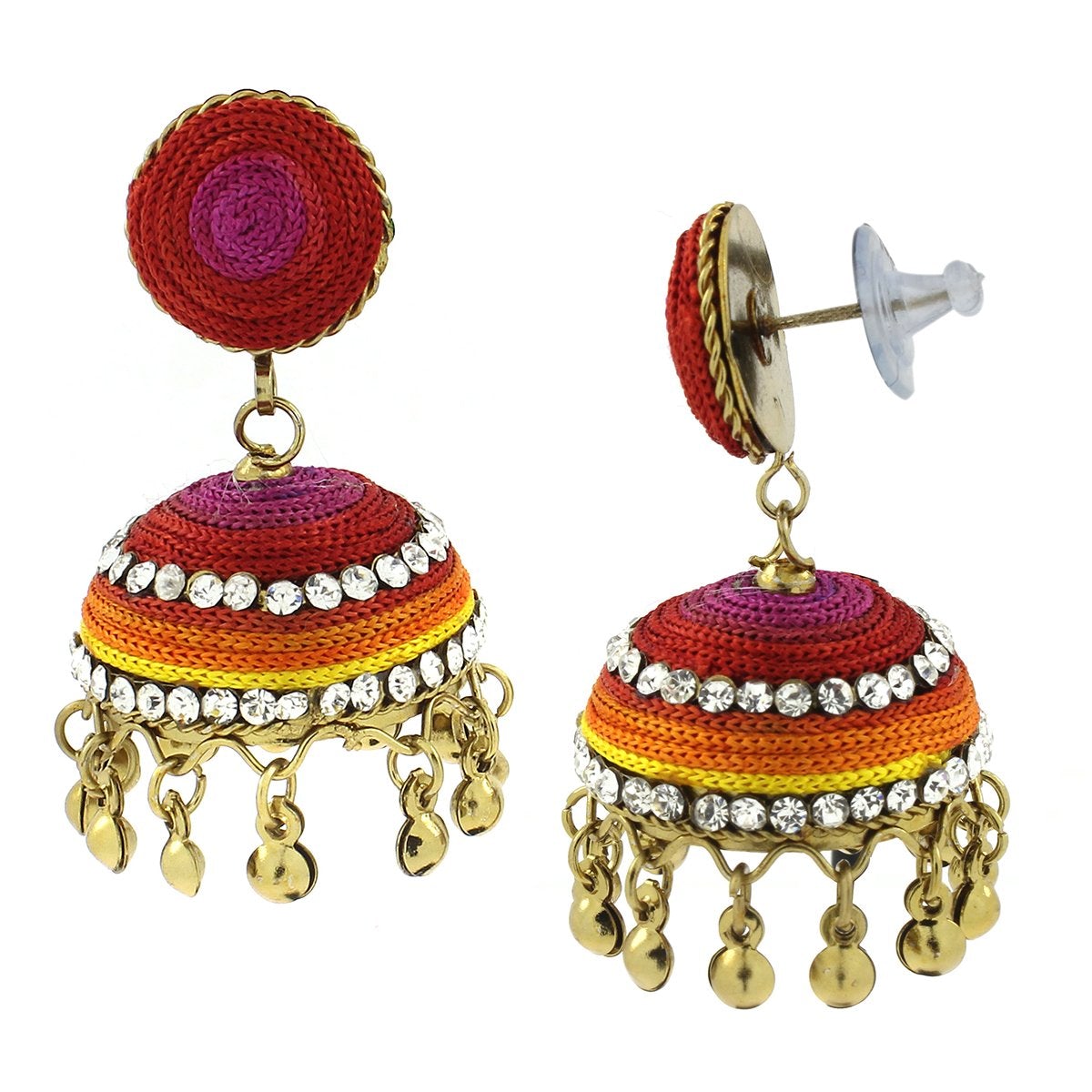 Vibrant Thread Red Pink Yellow Orange Antique Gold Jhumki Earring Secondary image