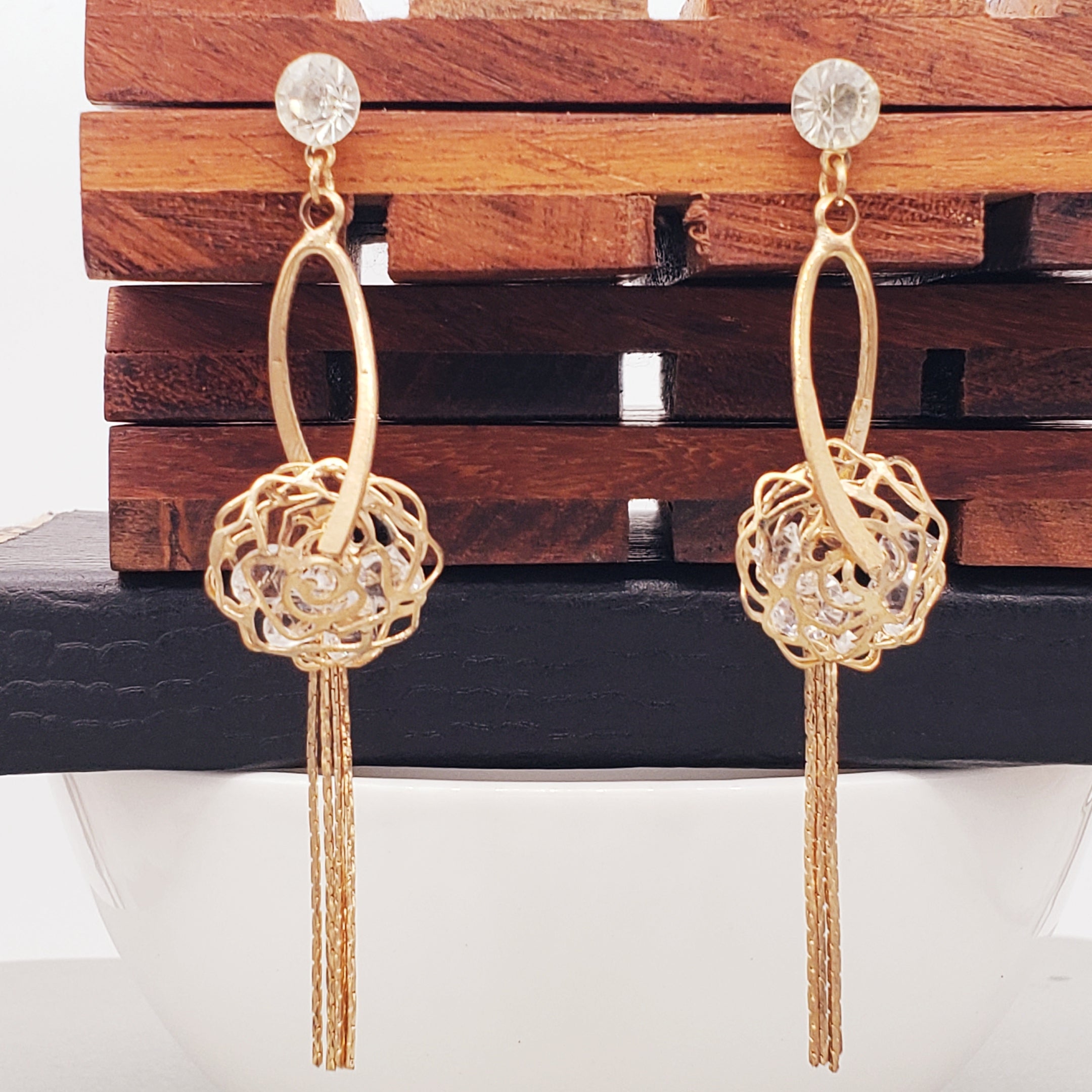 Dainty Rose Gold American Diamond CZ Dangling Tassel Earring Bulk Main image