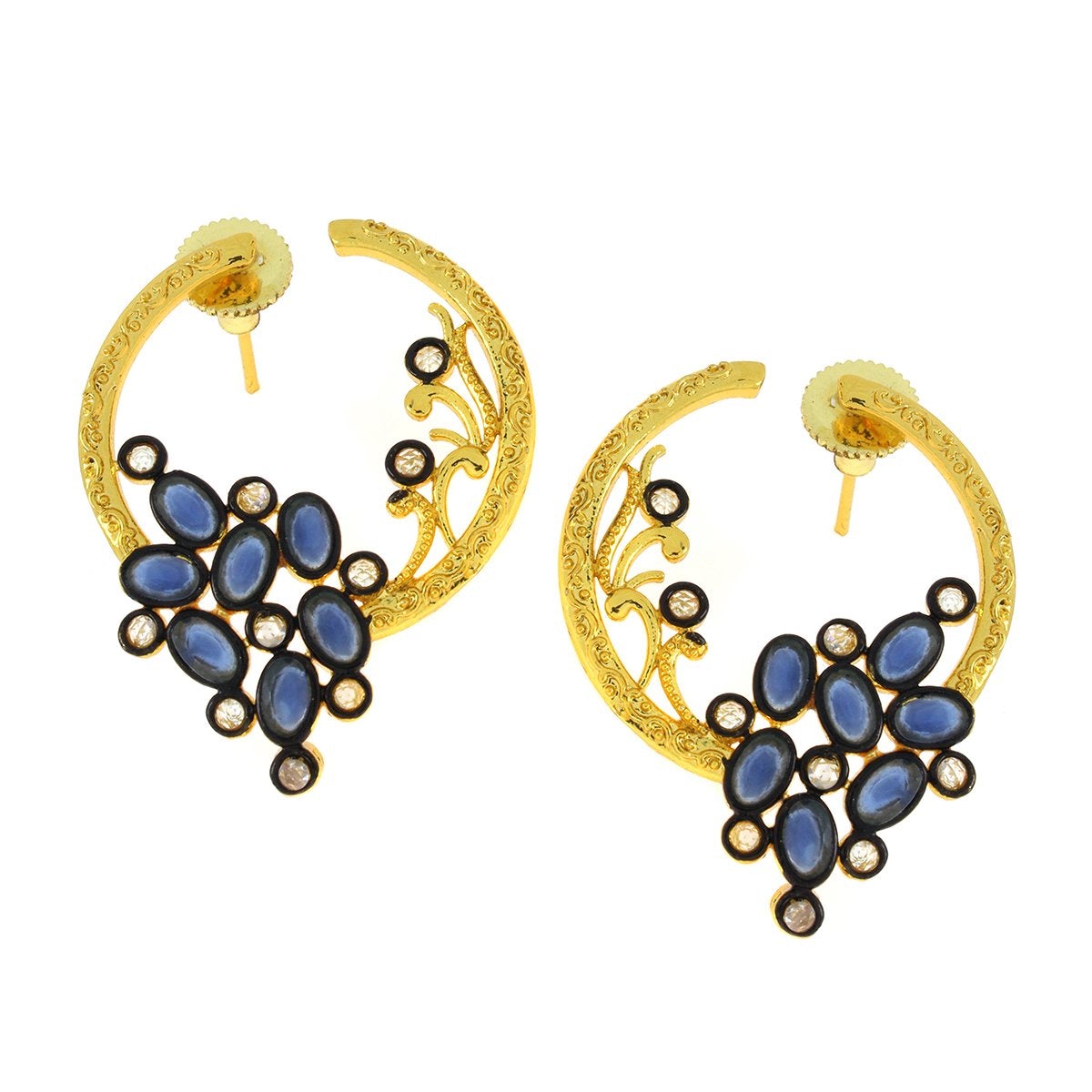 Flower Filigree Victorian Sapphire Blue Gold Crescent Stud Earring Main image