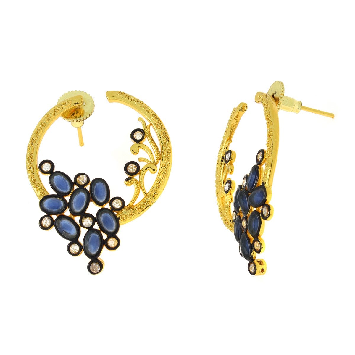 Flower Filigree Victorian Sapphire Blue Gold Crescent Stud Earring Secondary image