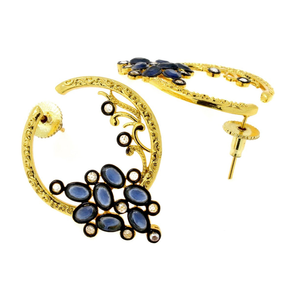 Flower Filigree Victorian Sapphire Blue Gold Crescent Stud Earring