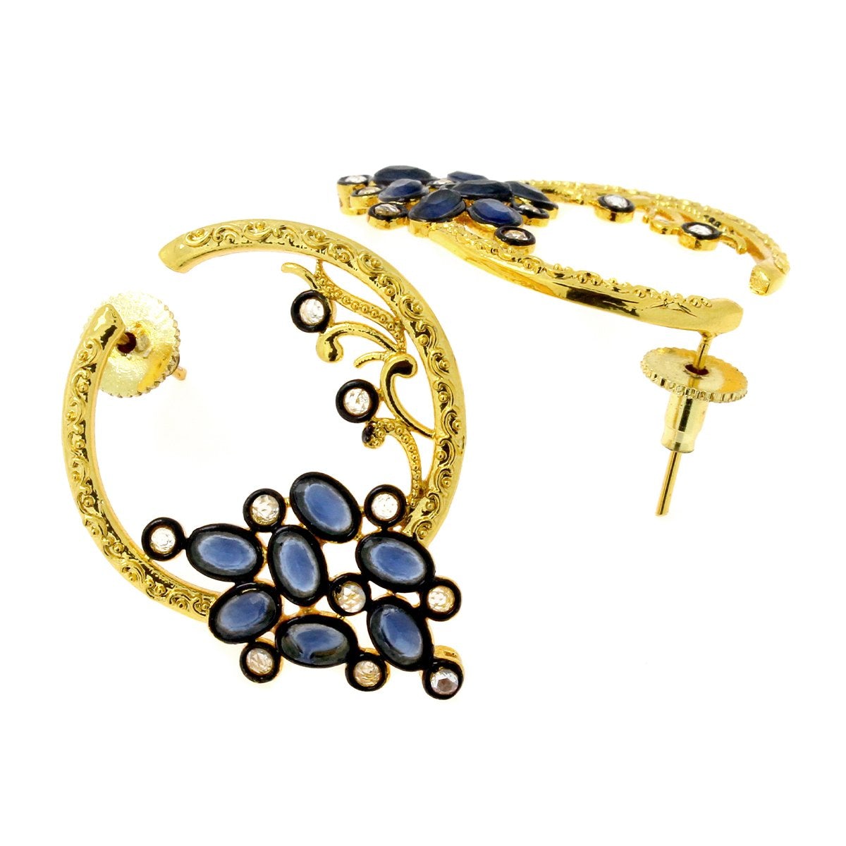 Flower Filigree Victorian Sapphire Blue Gold Crescent Stud Earring