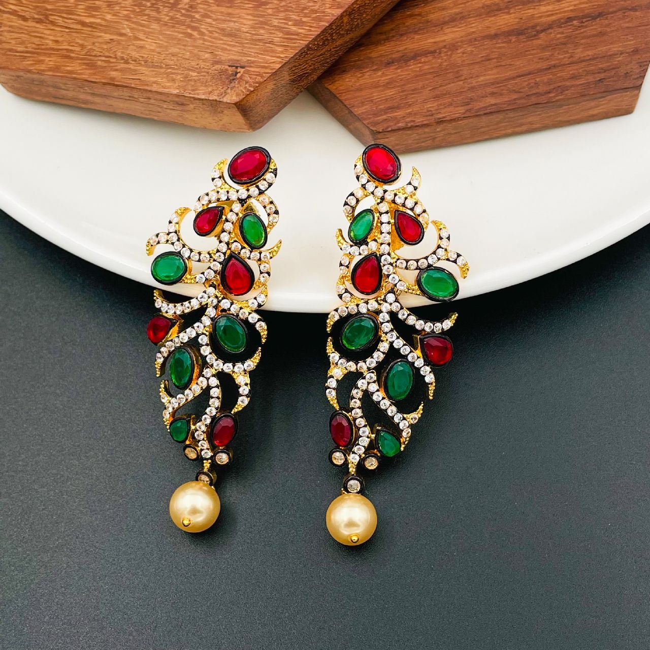 Victorian Ruby Red Emerald Green Gold Plated Dangling Earring Bulk