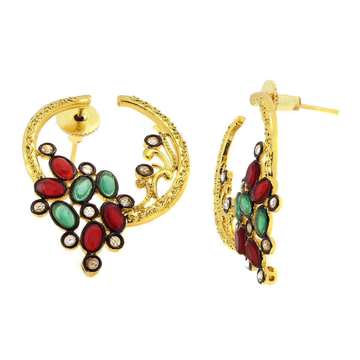 Flower Filigree Victorian Red Green Gold Crescent Stud Earring Bulk Secondary image