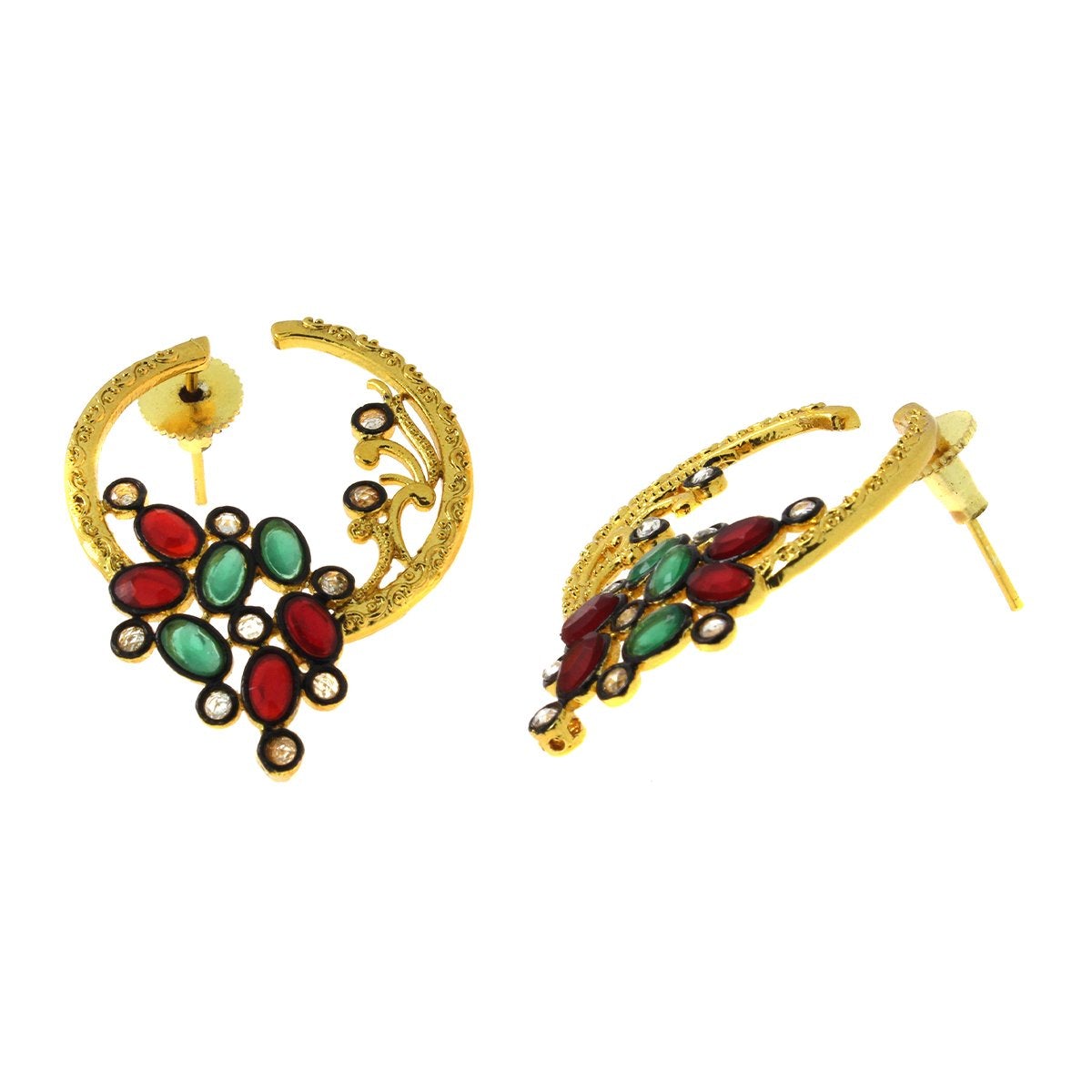 Flower Filigree Victorian Red Green Gold Crescent Stud Earring Bulk