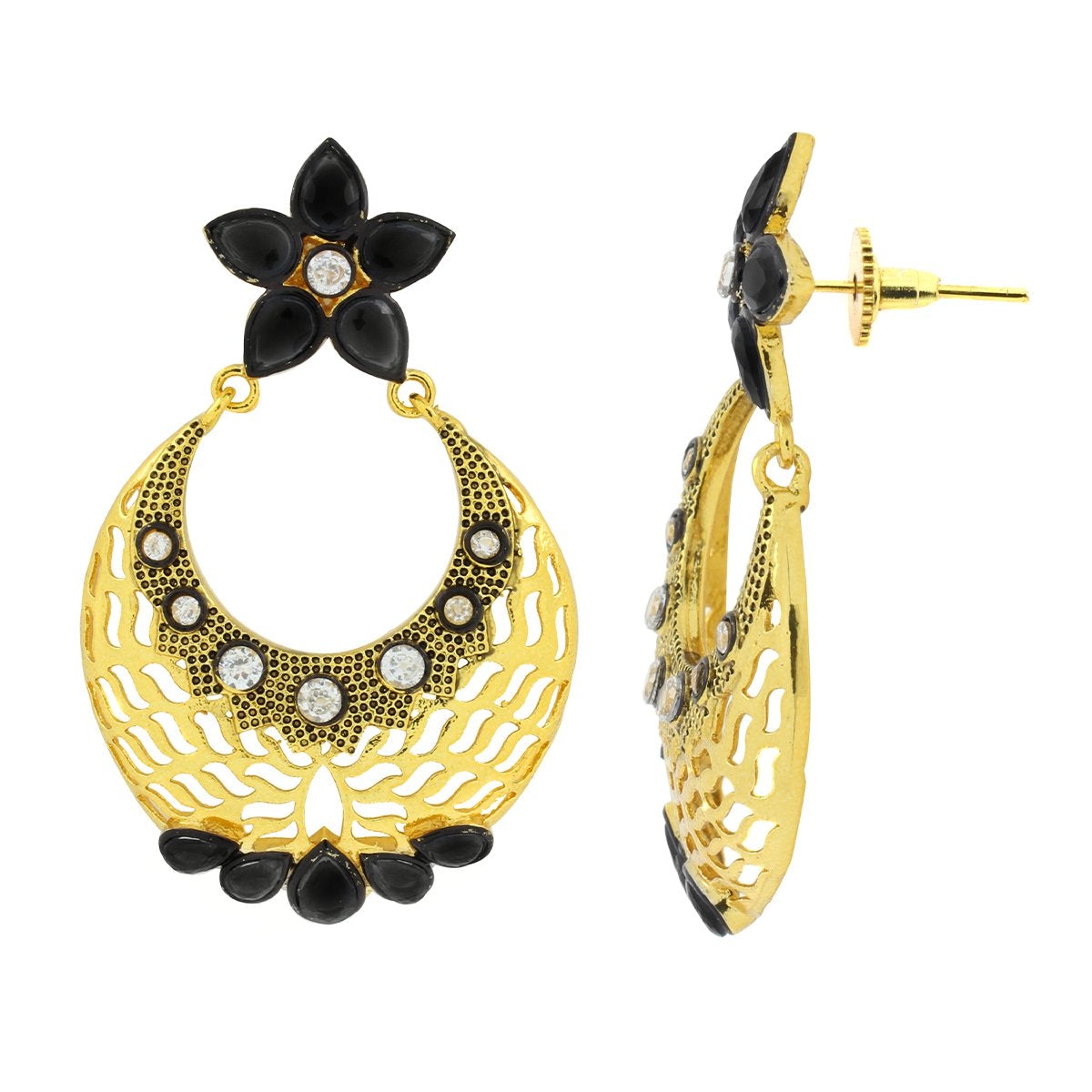 Filigree Flower Chaand Bali Black CZ Gold Earring Bulk