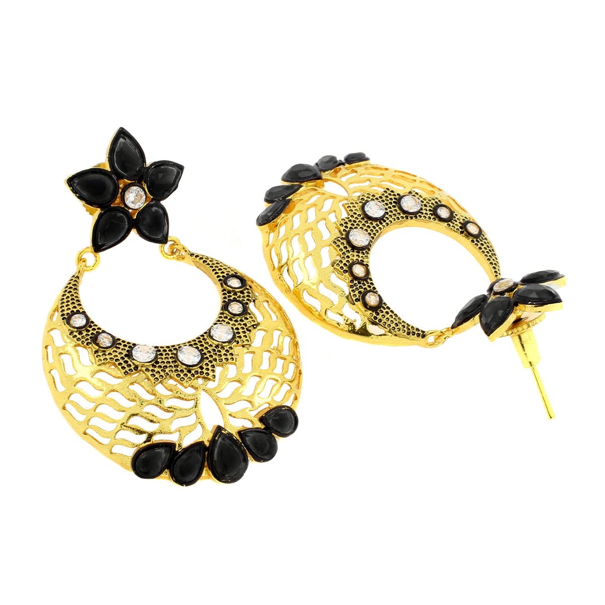 Filigree Flower Chaand Bali Black CZ Gold Earring Bulk