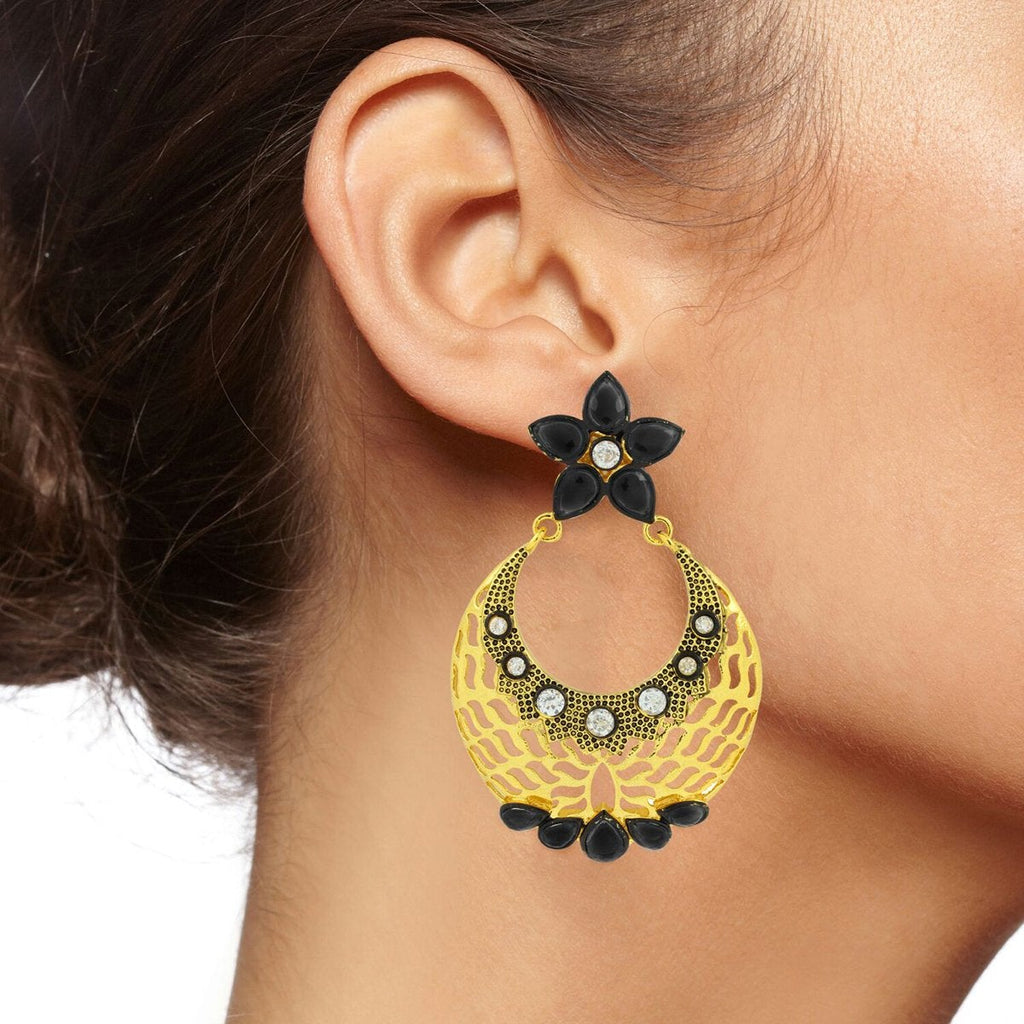 Filigree Flower Chaand Bali Black CZ Gold Earring Bulk