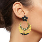 Filigree Flower Chaand Bali Black CZ Gold Earring Bulk