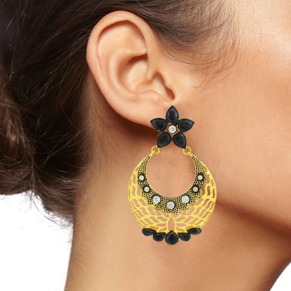 Filigree Flower Chaand Bali Black CZ Gold Earring Bulk