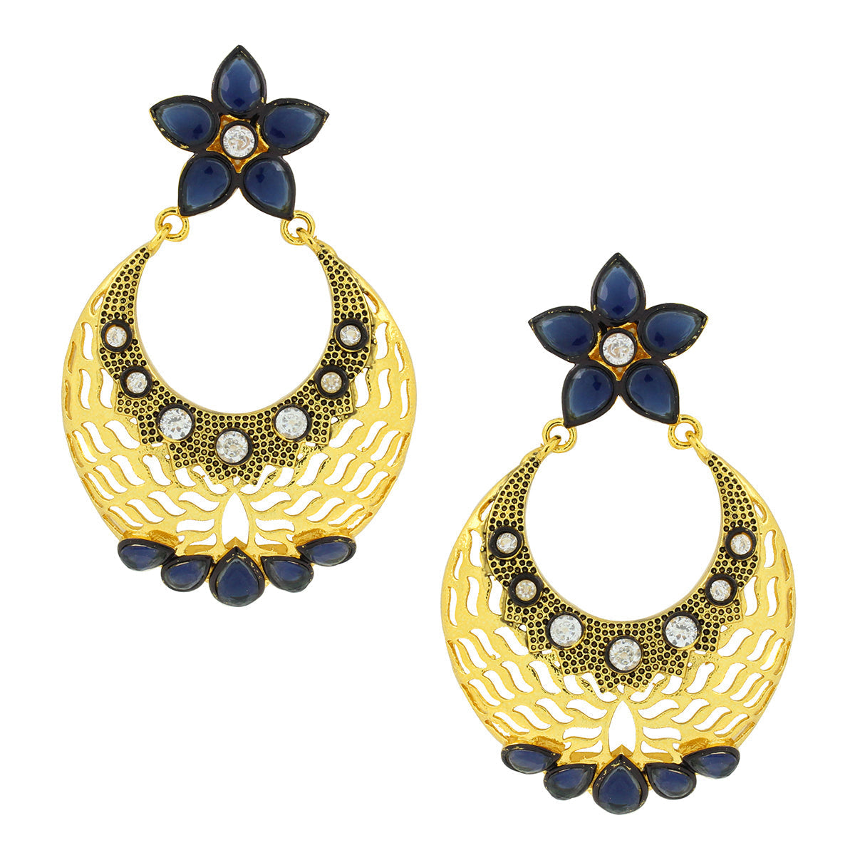 Flower Chaand Bali Sapphire Blue American Diamond Cz Gold Earring Secondary image