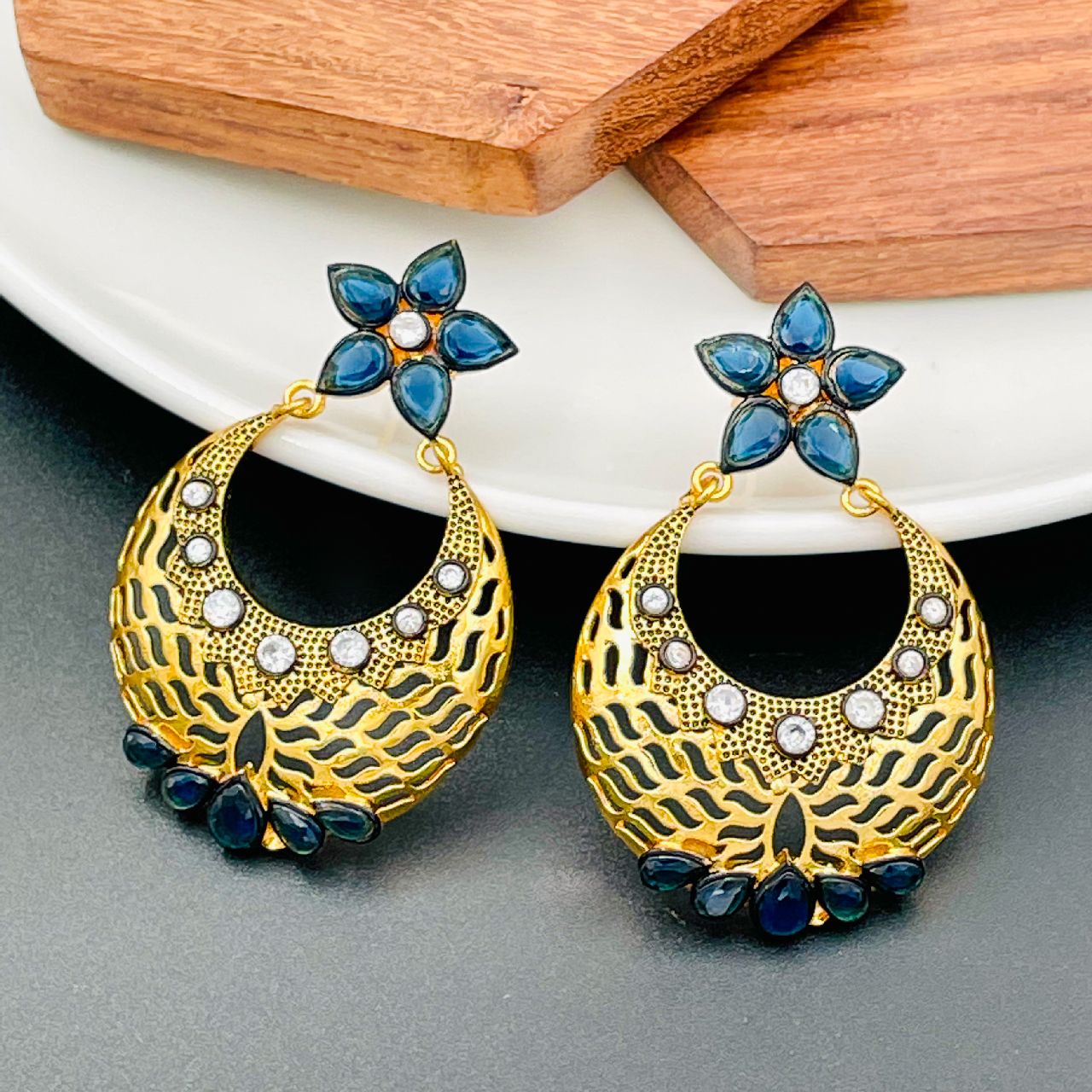 Flower Chaand Bali Sapphire Blue American Diamond Cz Gold Earring Main image