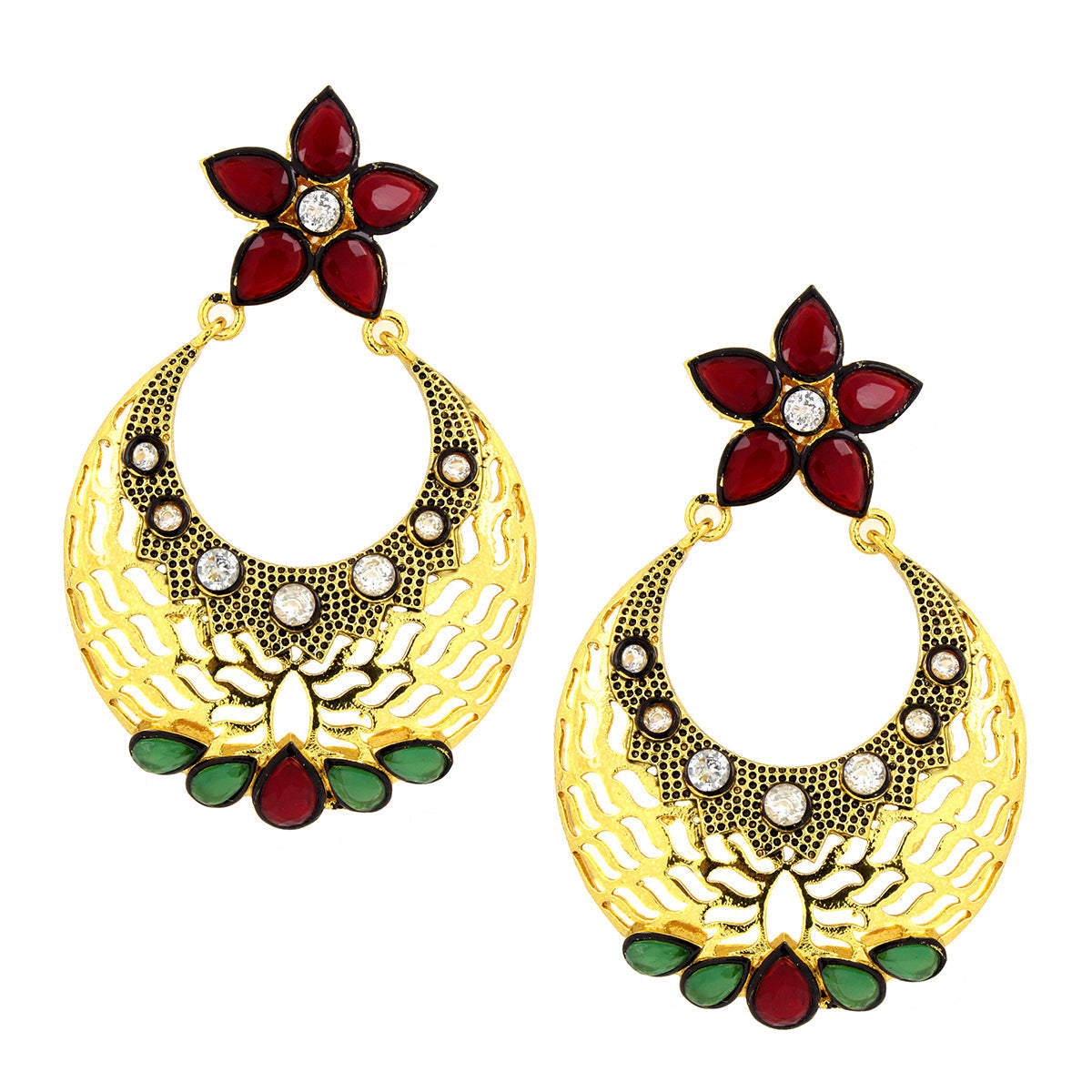 Flower Chaand Bali Red Green American Diamond CZ Gold Earring Bulk