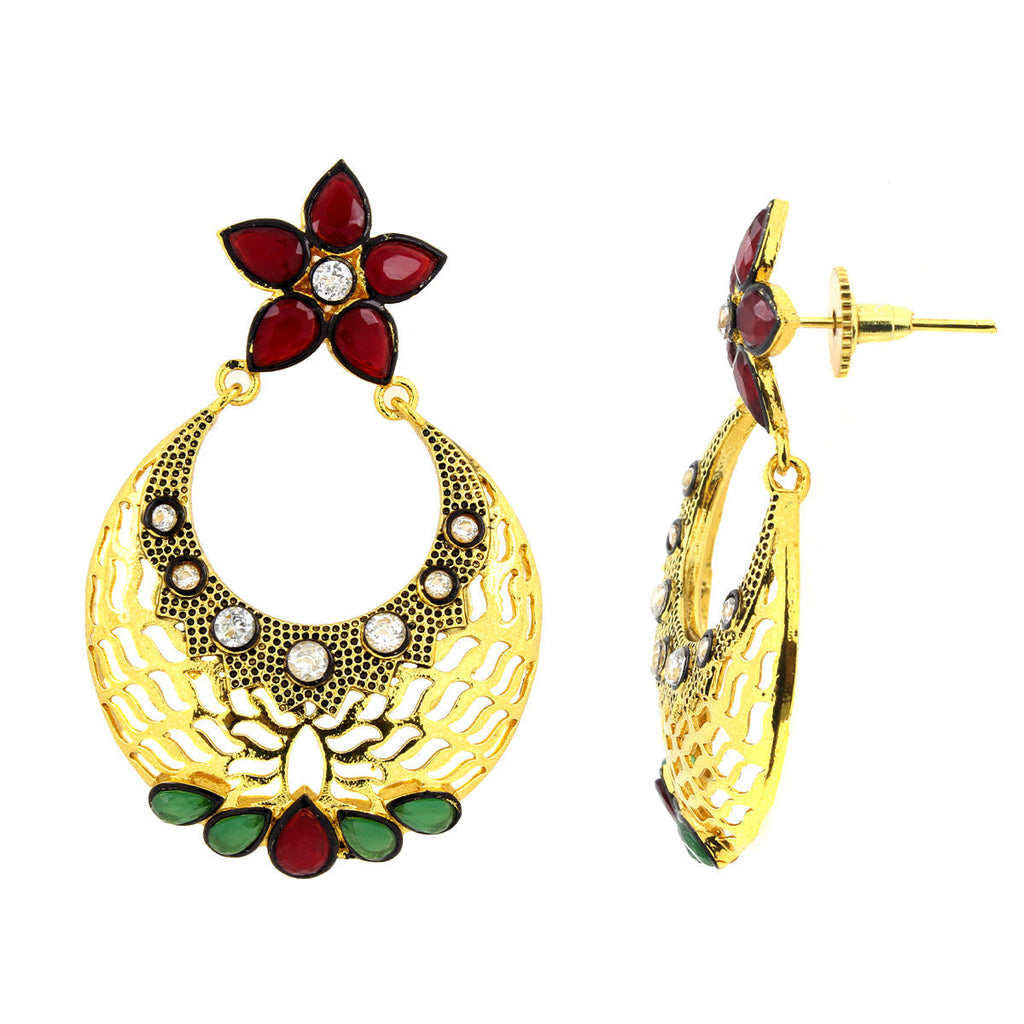 Flower Chaand Bali Red Green American Diamond CZ Gold Earring Bulk