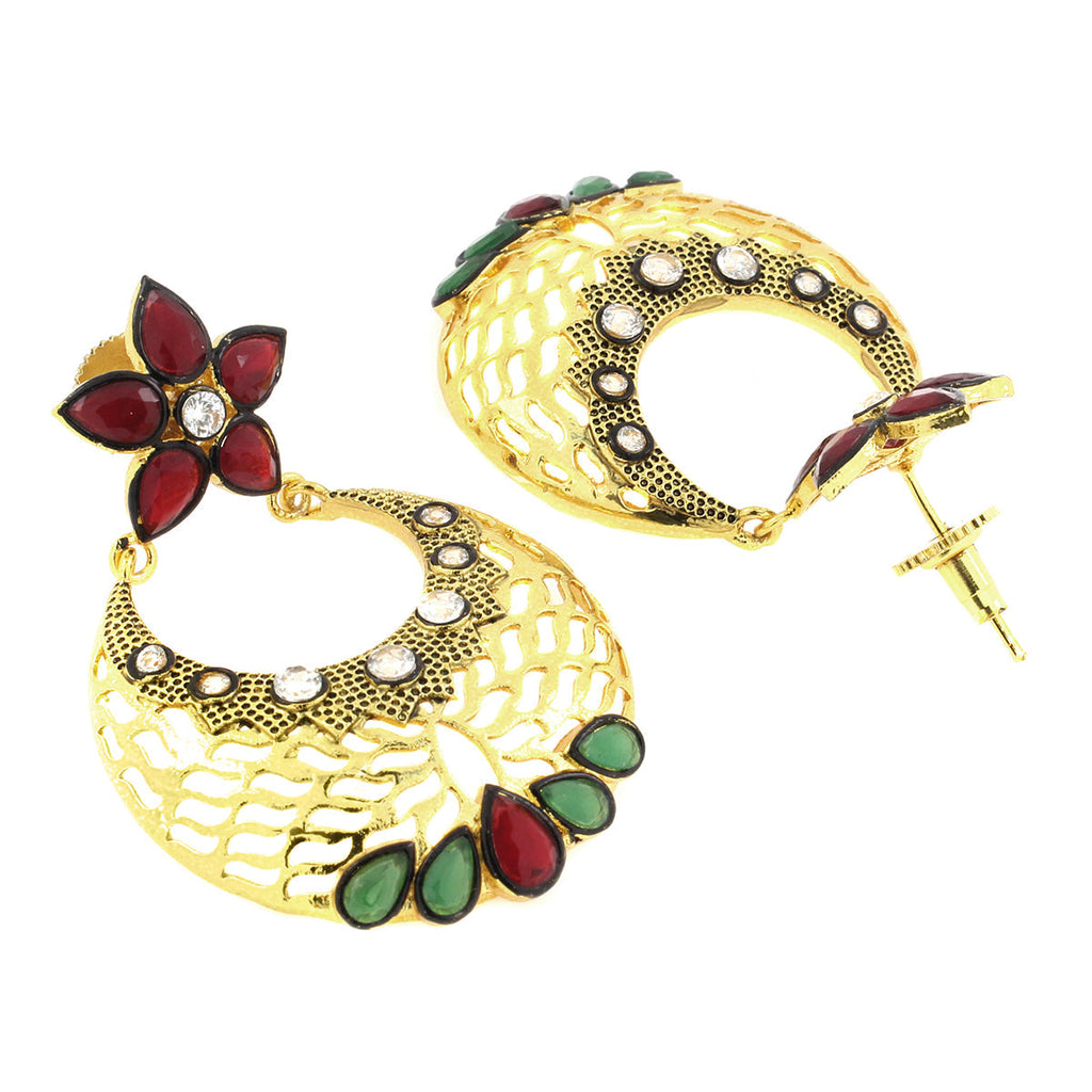 Flower Chaand Bali Red Green American Diamond CZ Gold Earring Bulk