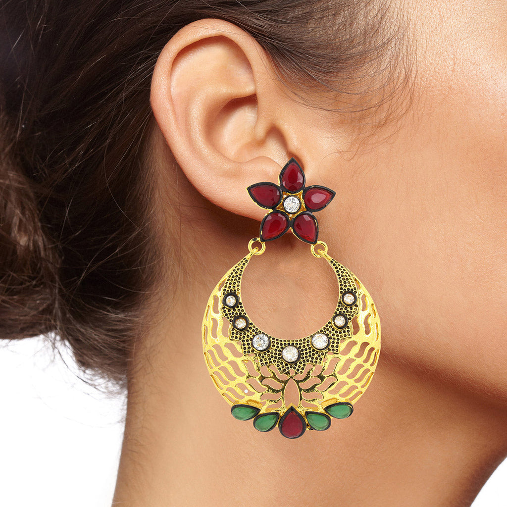Flower Chaand Bali Red Green American Diamond CZ Gold Earring Bulk
