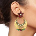Flower Chaand Bali Red Green American Diamond CZ Gold Earring Bulk