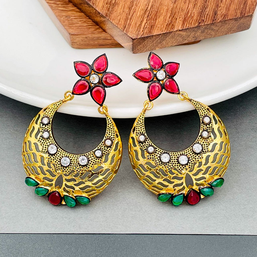 Flower Chaand Bali Red Green American Diamond CZ Gold Earring Bulk