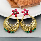 Flower Chaand Bali Red Green American Diamond CZ Gold Earring Bulk