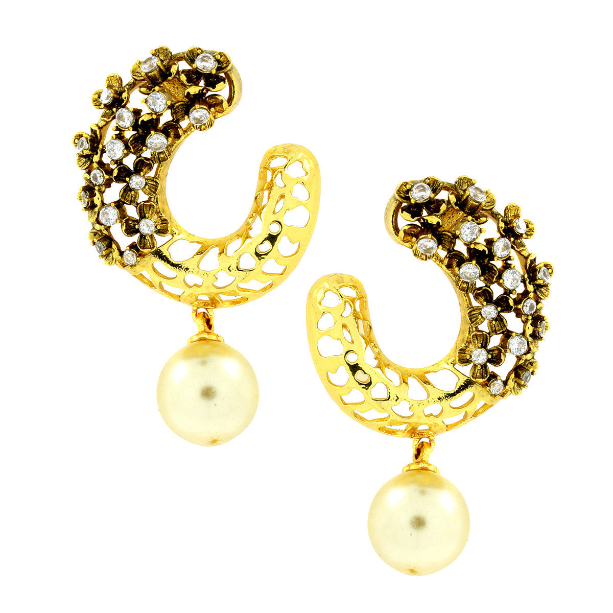3D Flower Antique Gold Plated American Diamond Pearl Stud Earring Main image