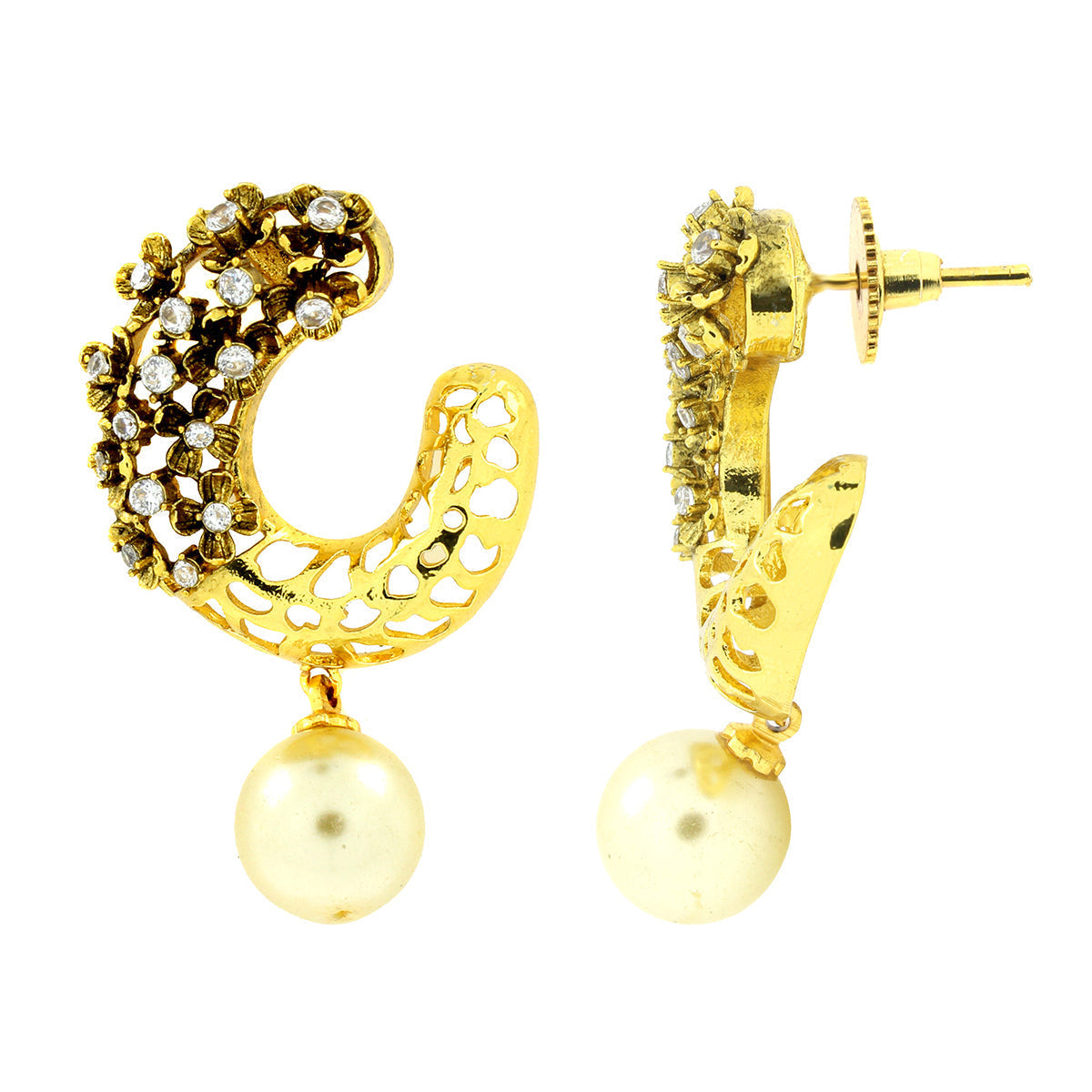 3D Flower Antique Gold Plated American Diamond Pearl Stud Earring Secondary image
