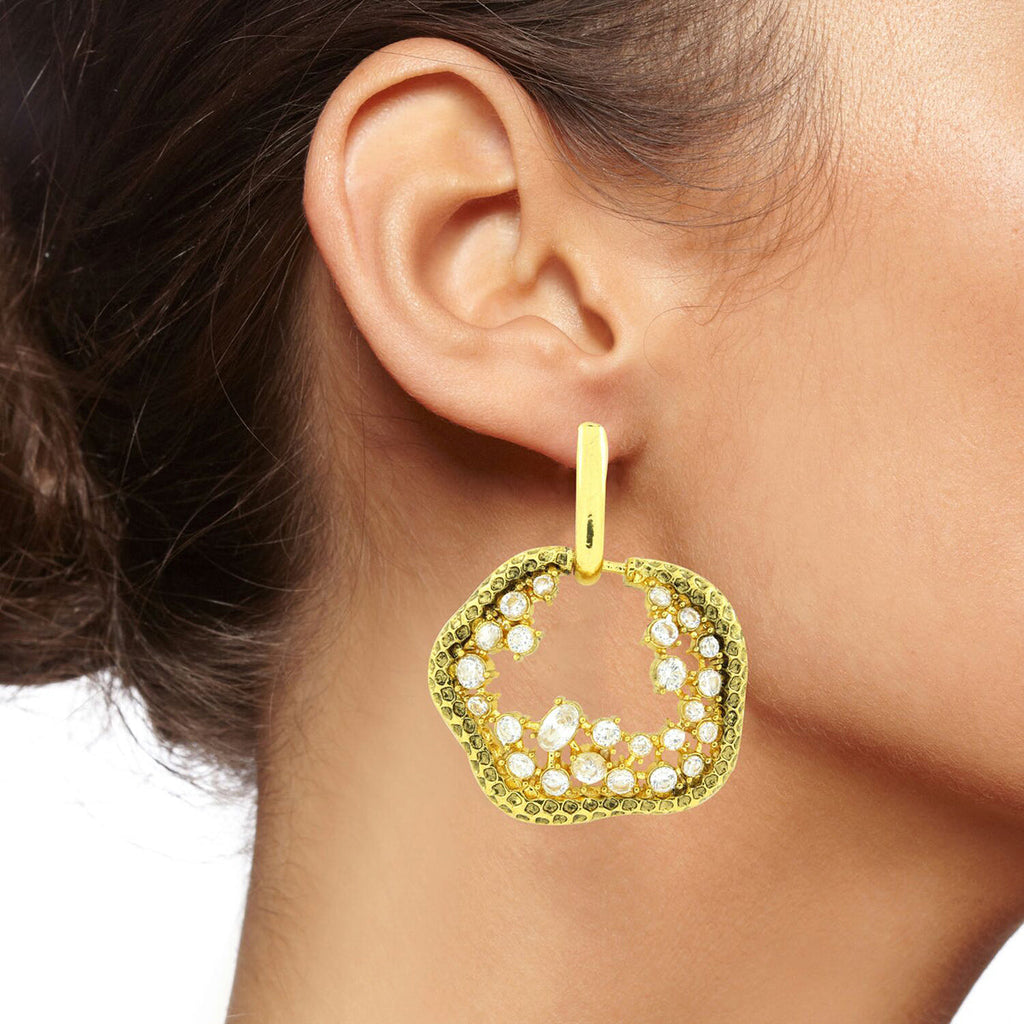 3D Amoeba Antique Gold Plated American Diamond Stud Earring Women Bulk