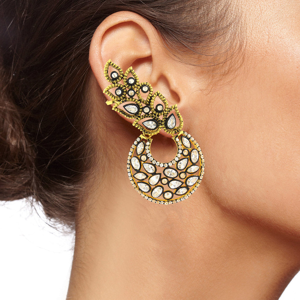 Flower Kundan Polki Gold Plated Chaand Bali Ear Cuff Earring Bulk