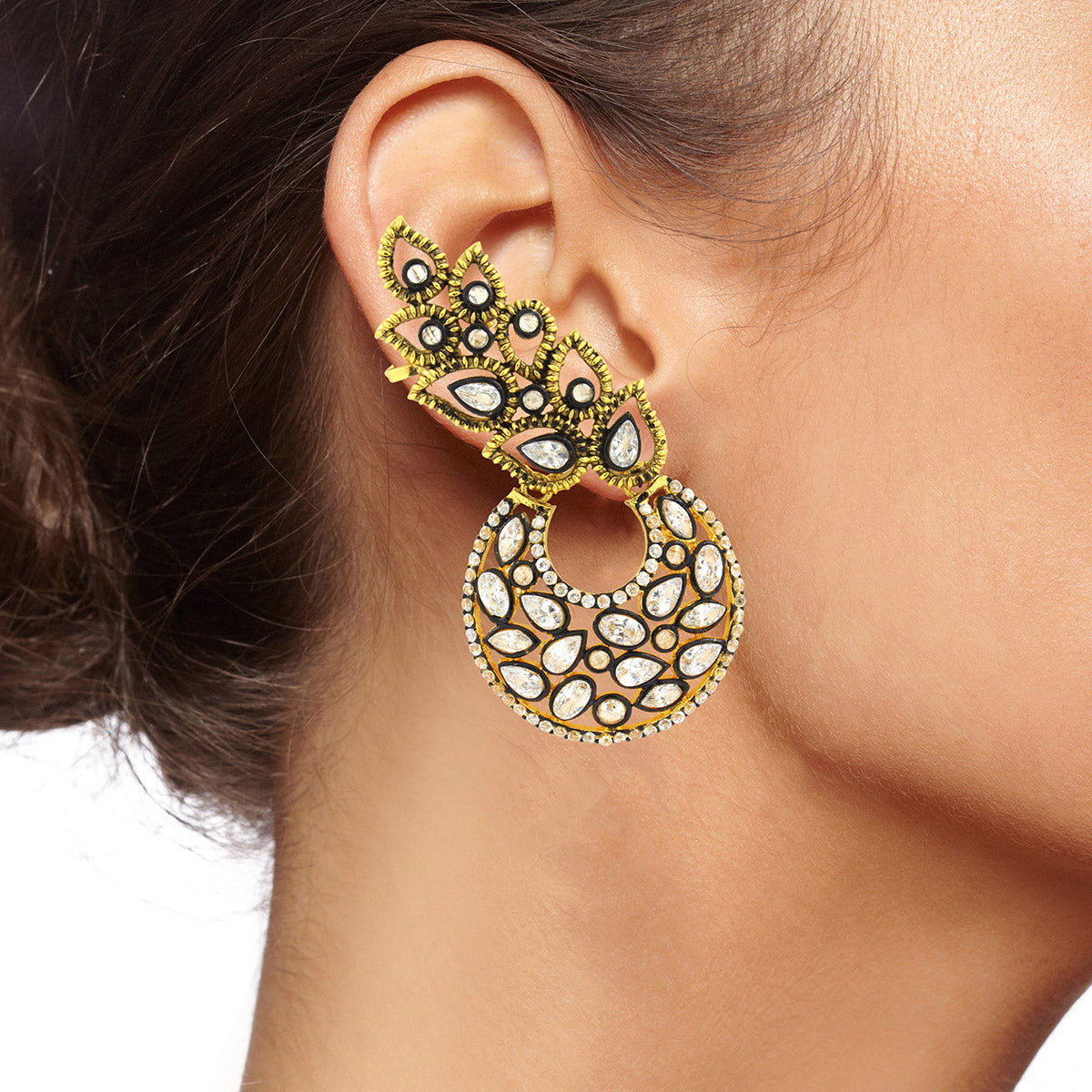 Flower Kundan Polki Gold Plated Chaand Bali Ear Cuff Earring Bulk