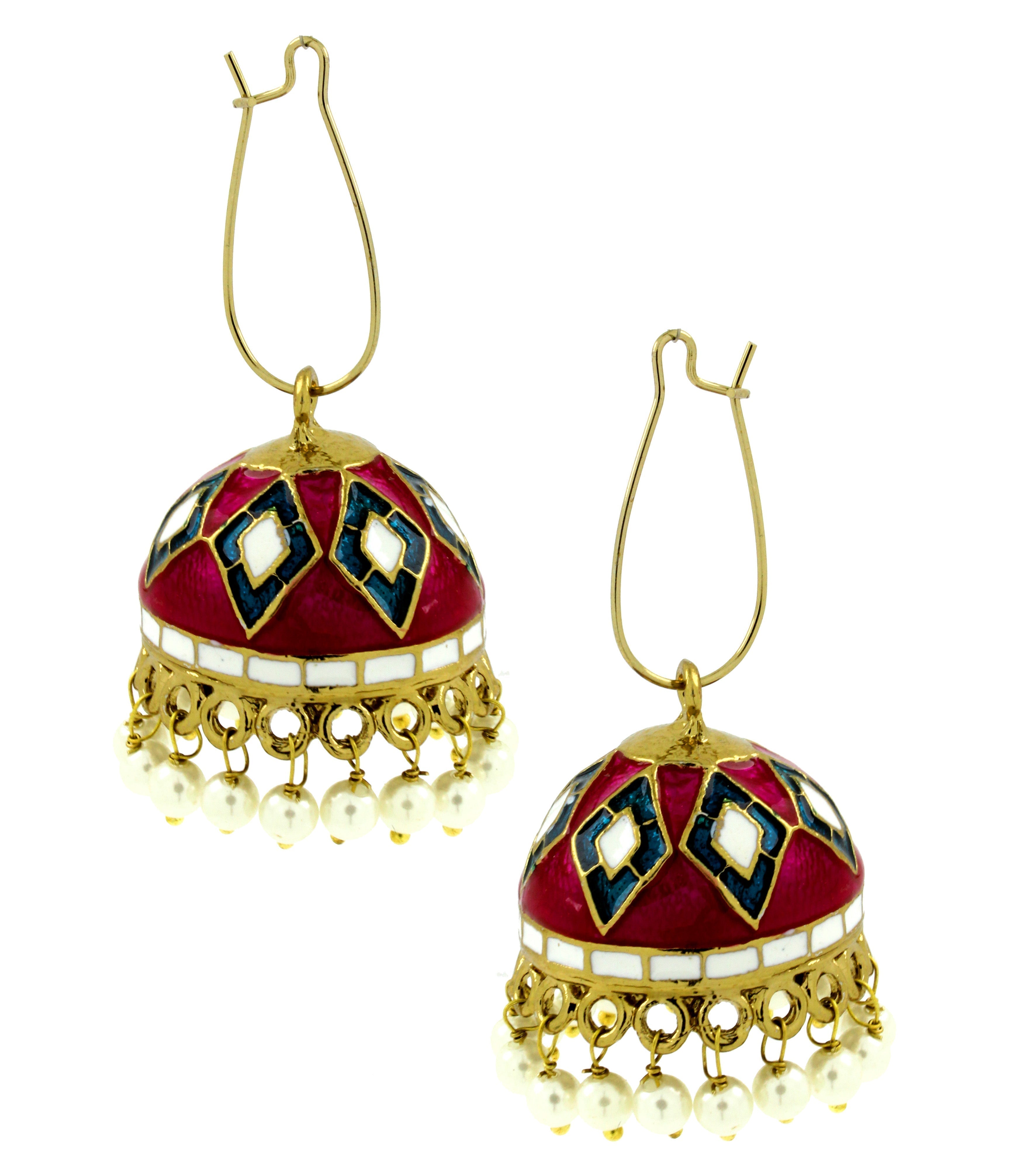 Maroon Blue White Gold Meenakari Pearl Enamel Jhumki Earring Bulk