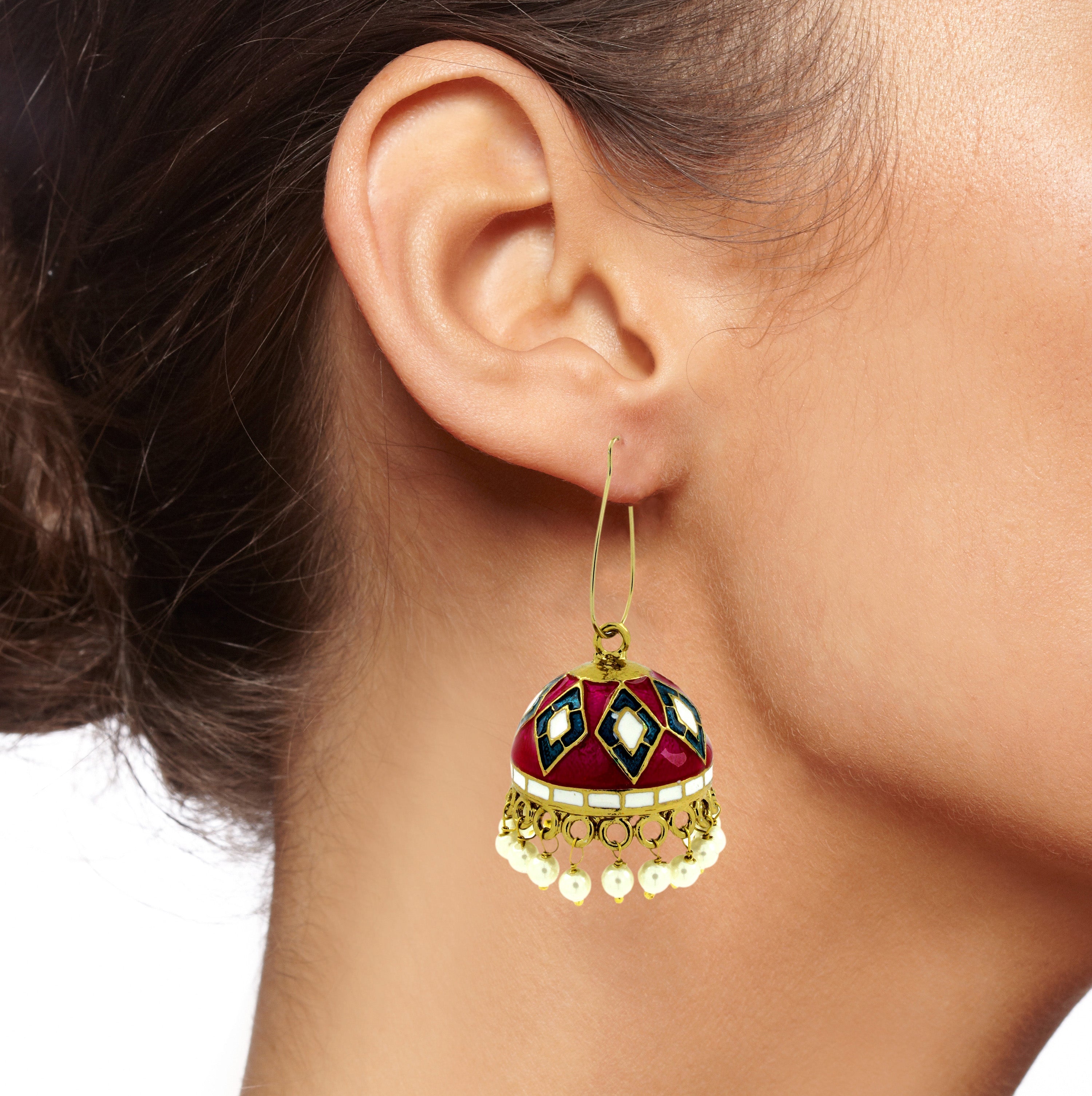Maroon Blue White Gold Meenakari Pearl Enamel Jhumki Earring Bulk