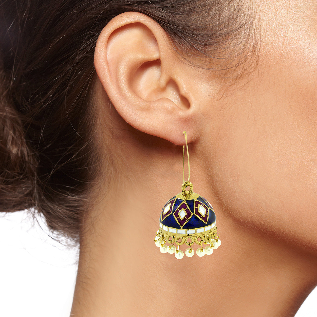 Blue Purple White Gold Meenakari Pearl Enamel Jhumki Earring Bulk