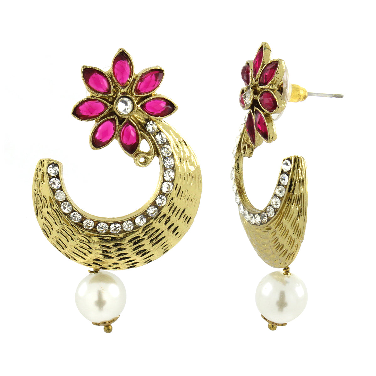 Flower Antique Gold Pink Pearl CZ Chaand Bali Earring Bulk