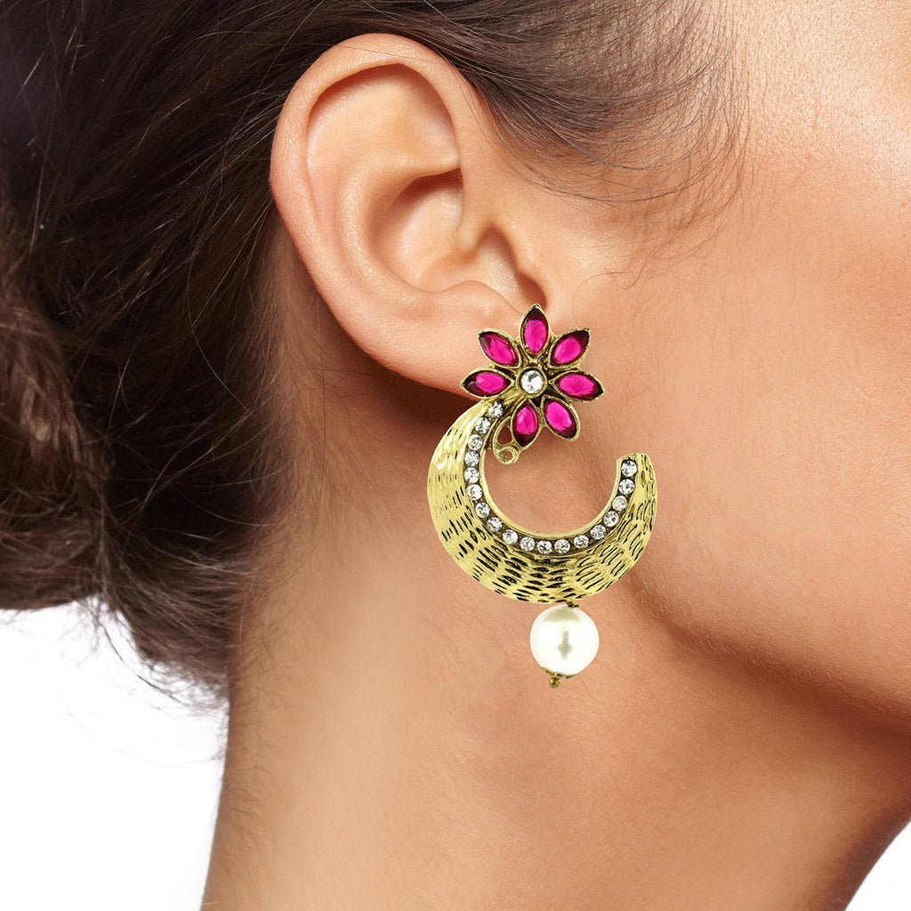 Flower Antique Gold Pink Pearl CZ Chaand Bali Earring Bulk