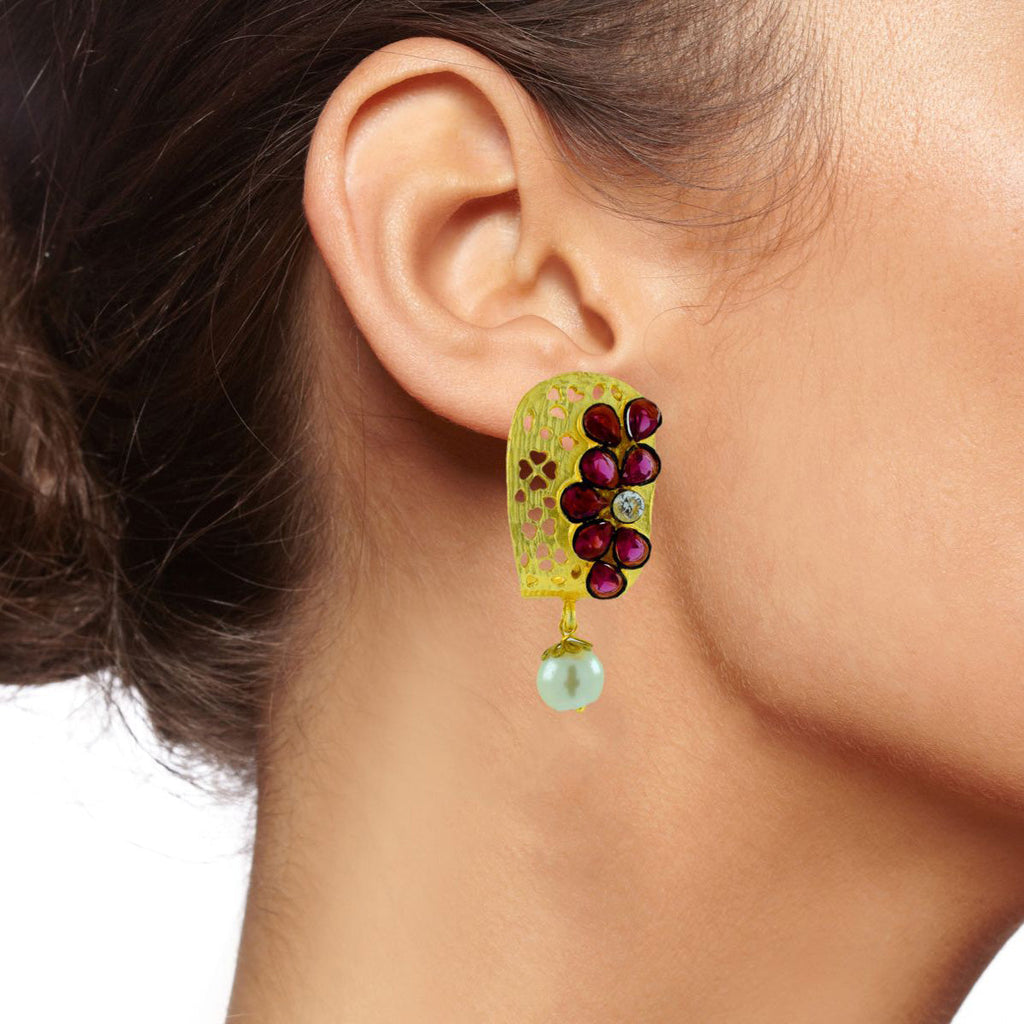Victorian Matte Gold American Diamond CZ Ruby Red Stud Earring Bulk