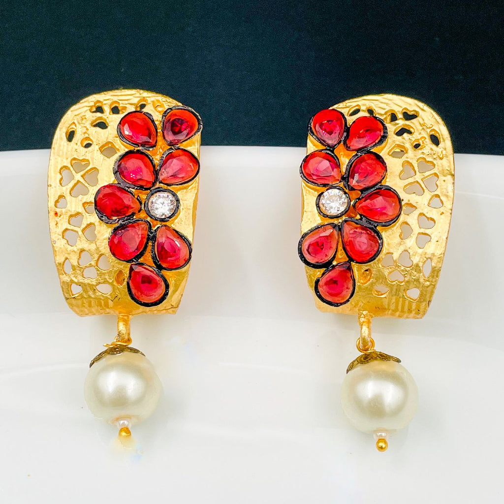 Victorian Matte Gold American Diamond CZ Ruby Red Stud Earring Bulk