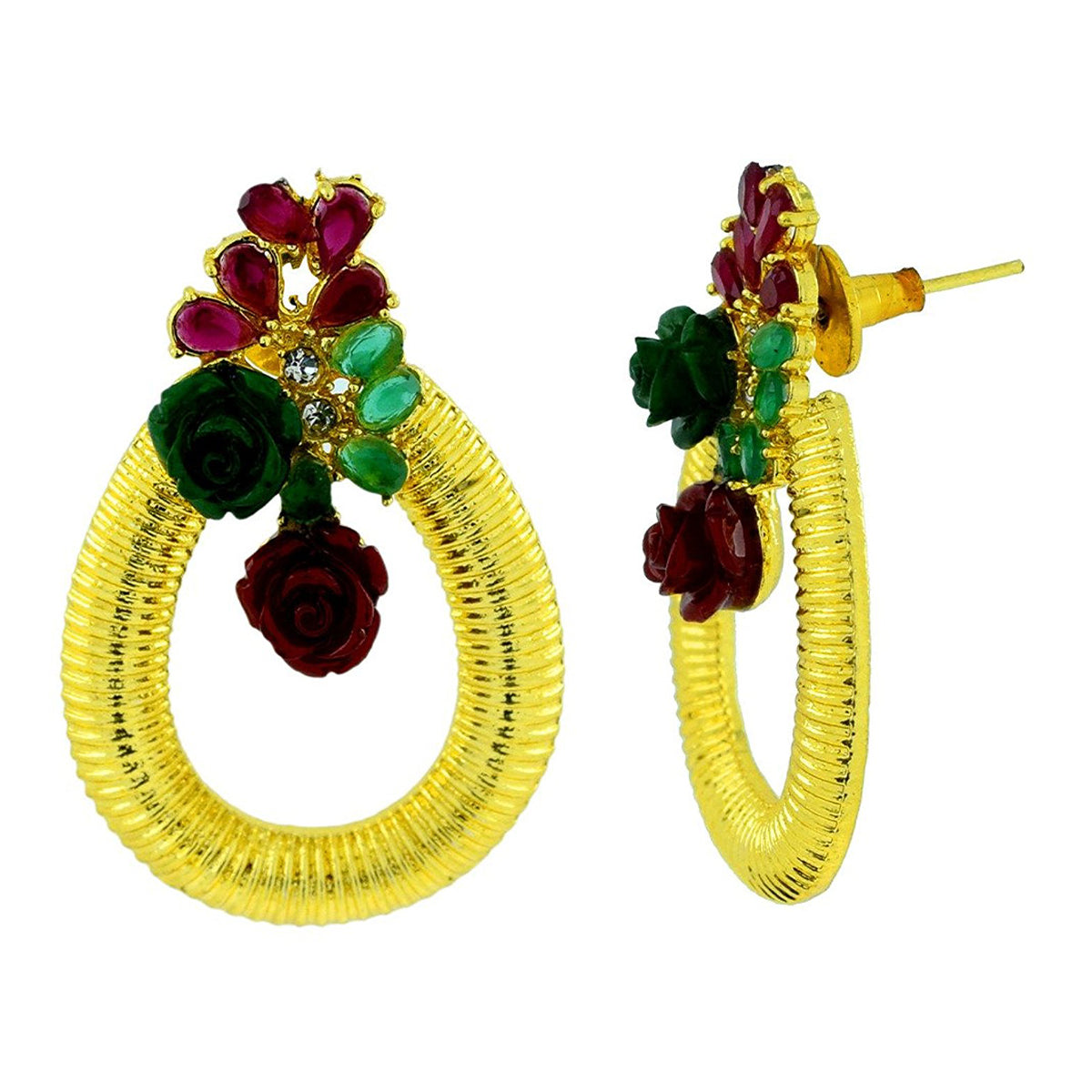 Designer Flower Gold American Diamond Red Green Earring For Women Secondary image