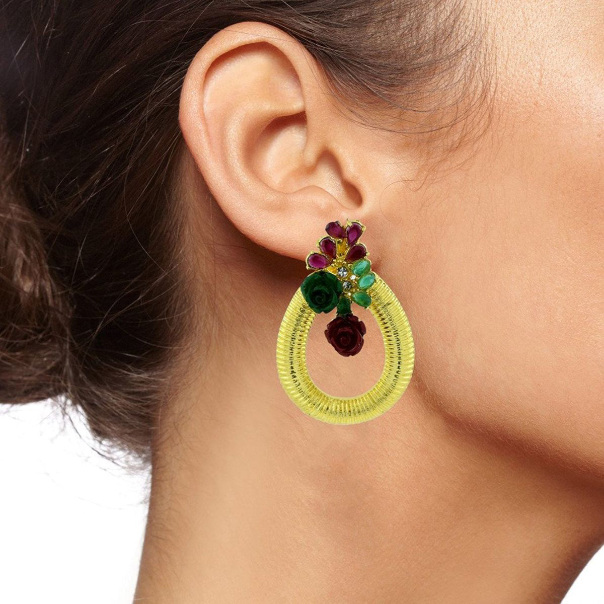 Designer Flower Gold American Diamond Red Green Earring For Women