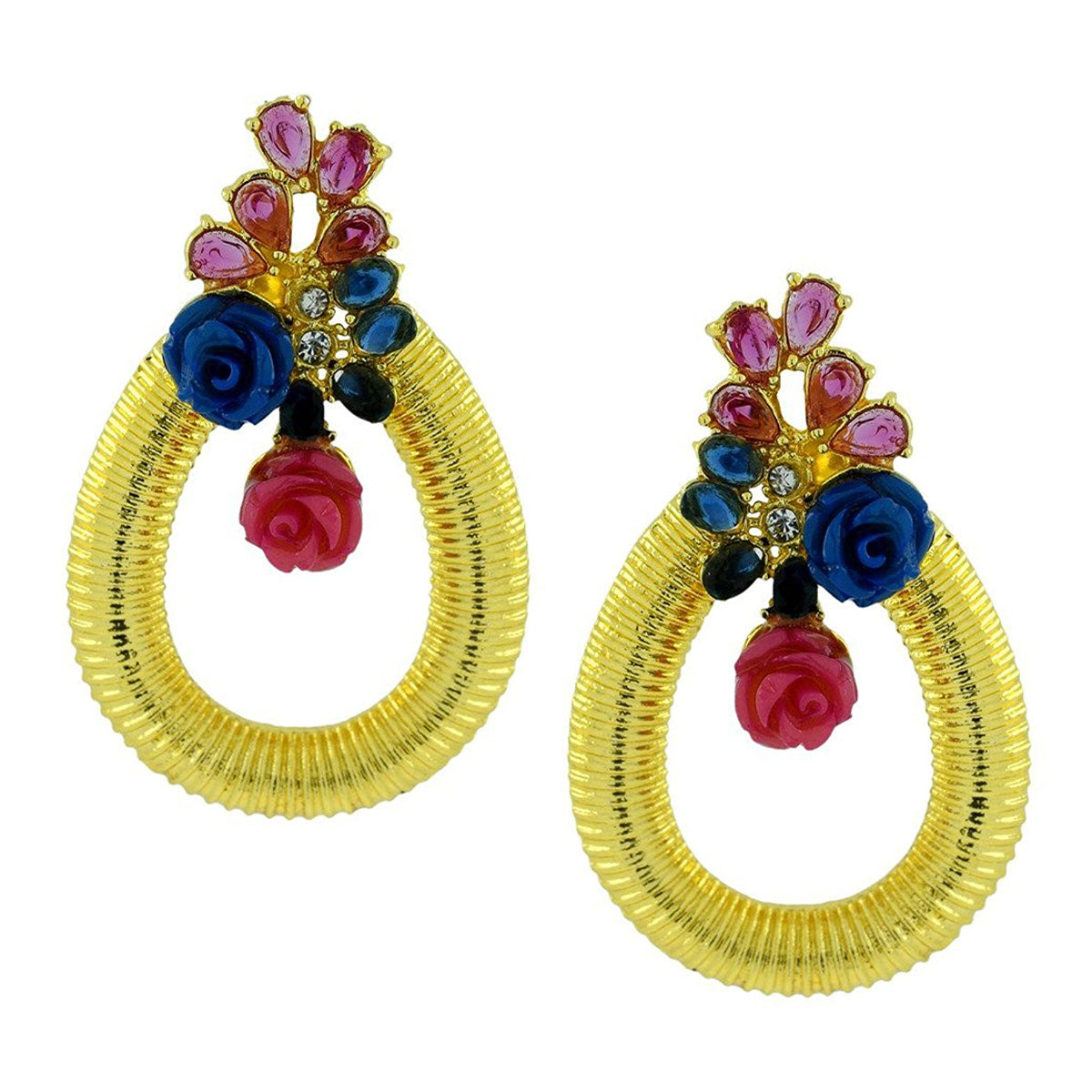 Designer Flower Gold American Diamond Blue Pink Earring For Women Main image