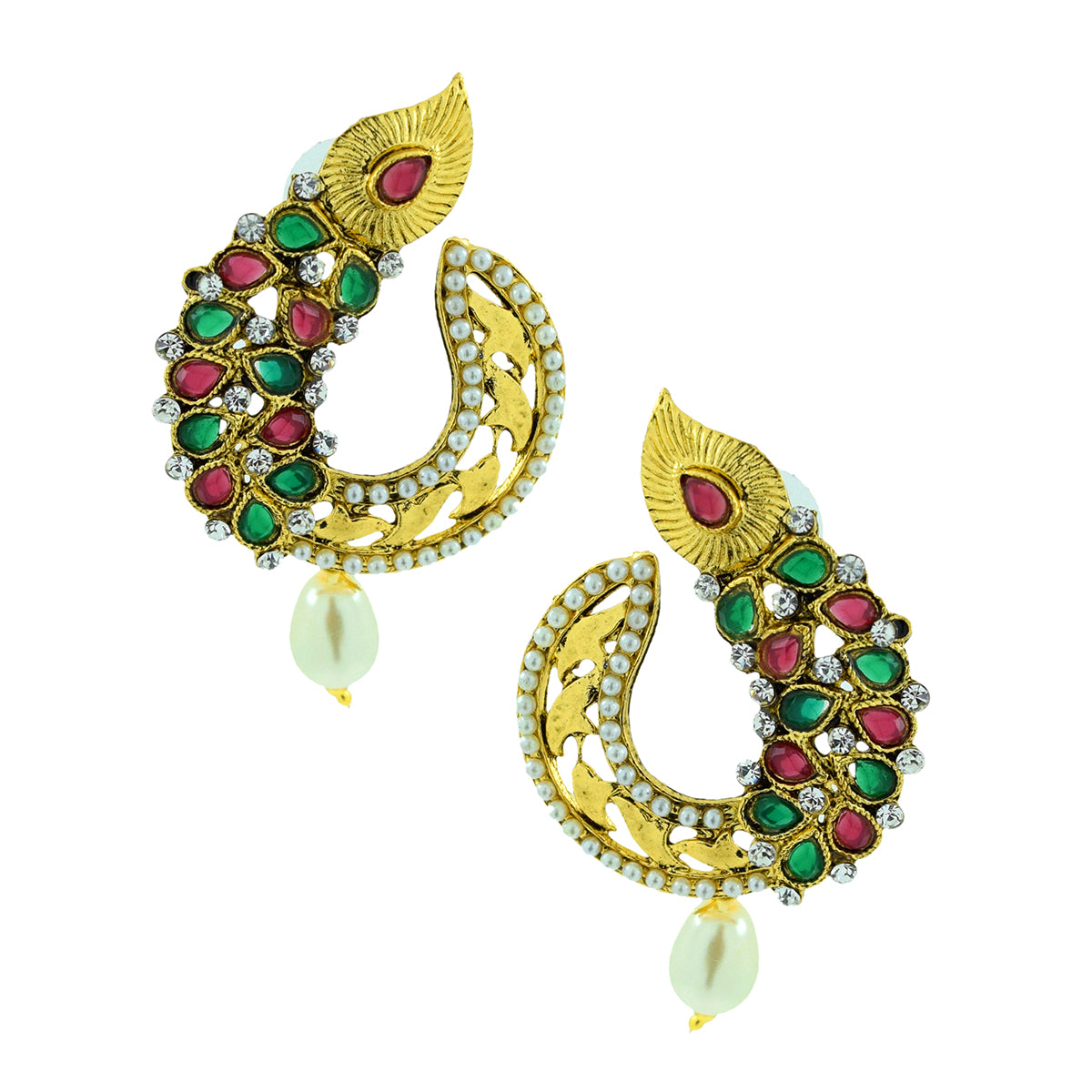 Ethnic Filigree Red Green American Diamond CZ Pearl Gold Earring Bulk Main image