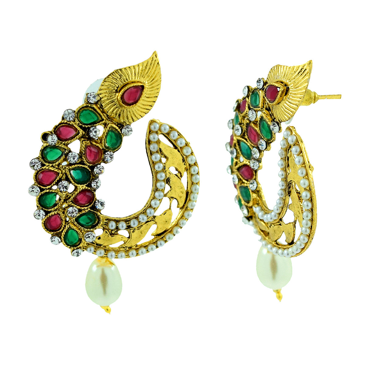 Ethnic Filigree Red Green American Diamond CZ Pearl Gold Earring Bulk
