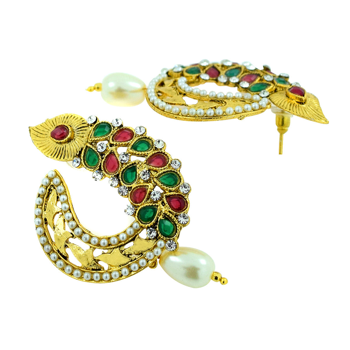 Ethnic Filigree Red Green American Diamond CZ Pearl Gold Earring Bulk