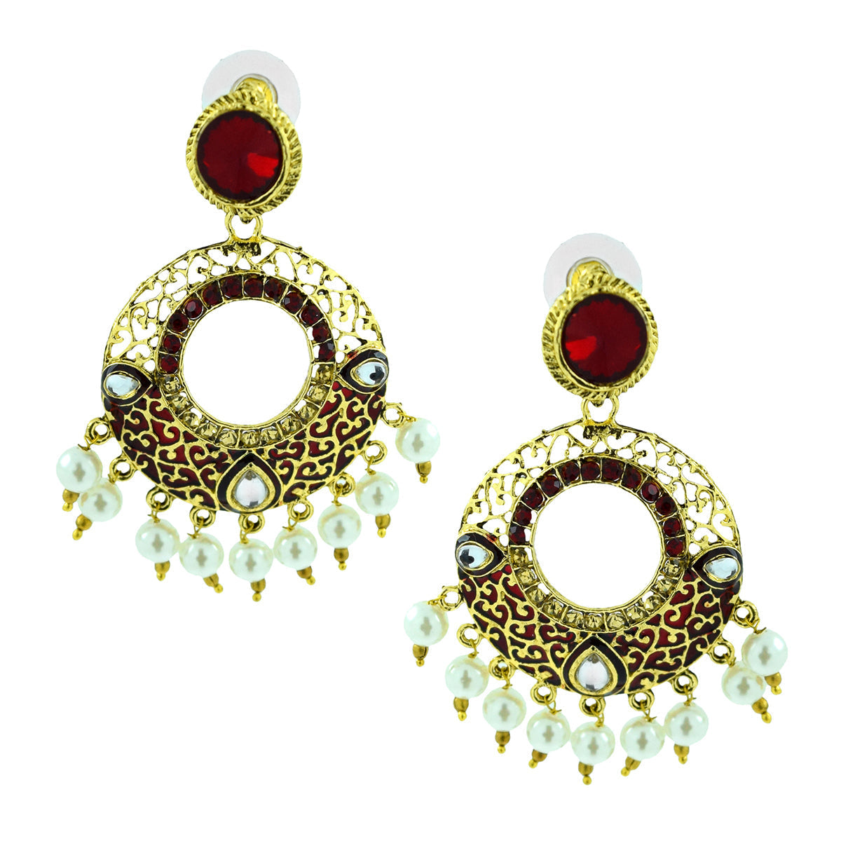 Victorian Gold Garnet Red Meenakari Pearl Chaand Bali Jhumki Earring Main image