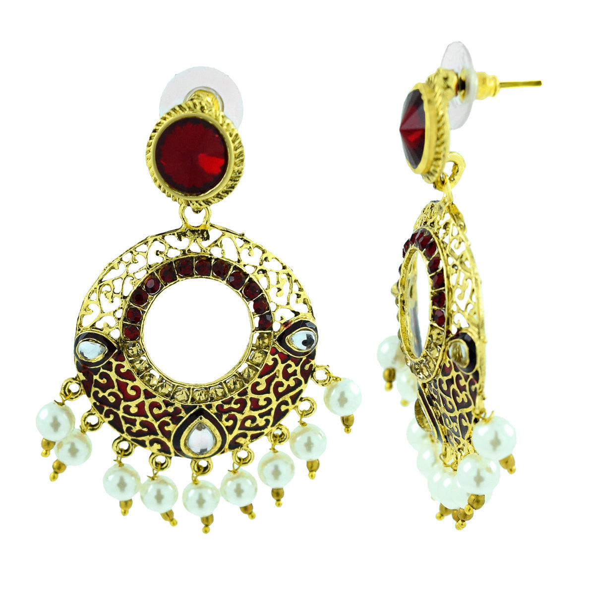 Victorian Gold Garnet Red Meenakari Pearl Chaand Bali Jhumki Earring Secondary image