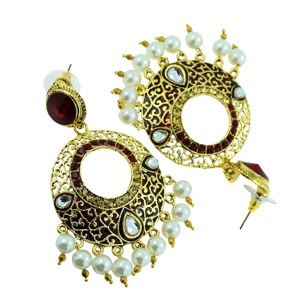 Victorian Gold Garnet Red Meenakari Pearl Chaand Bali Jhumki Earring