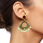 Victorian Gold Garnet Red Meenakari Pearl Chaand Bali Jhumki Earring
