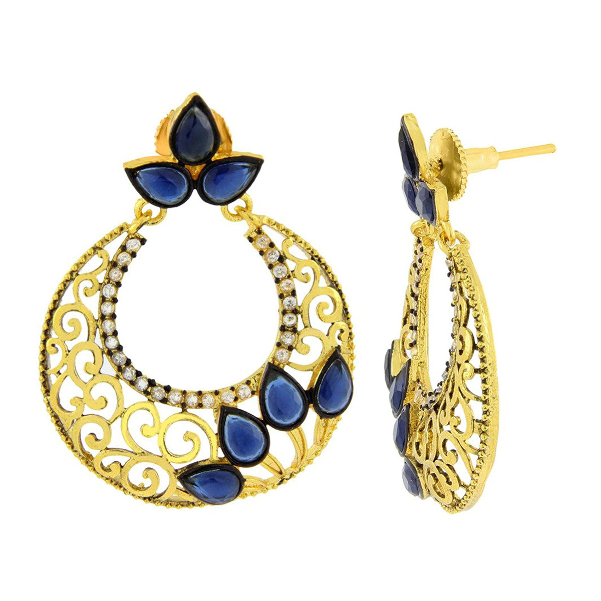 Chaand Bali Gold Sapphire Blue American Diamond Cz Jhumki Earring Secondary image